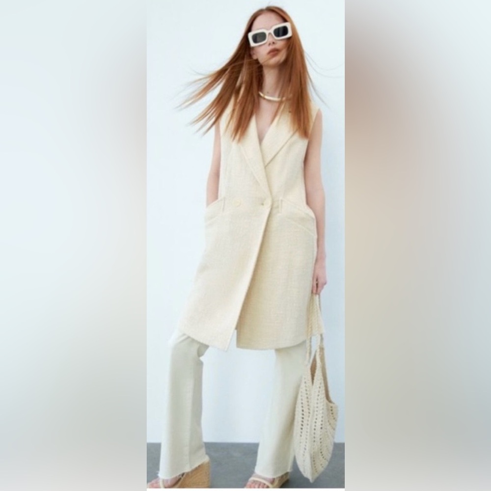 Zara Cream Sleeveless Long Blazer Vest